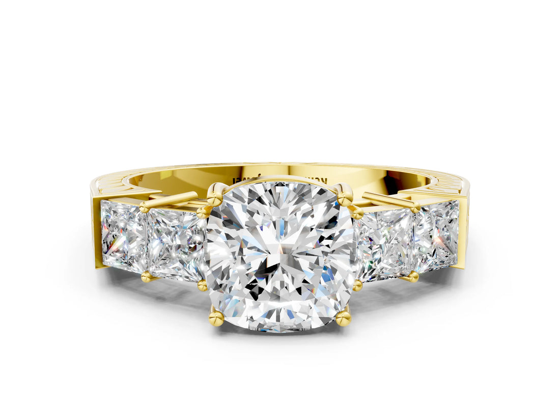 Yellow gold Cushion Solitaire Princess Side Stone Engraved Band Prong Setting Ring_3