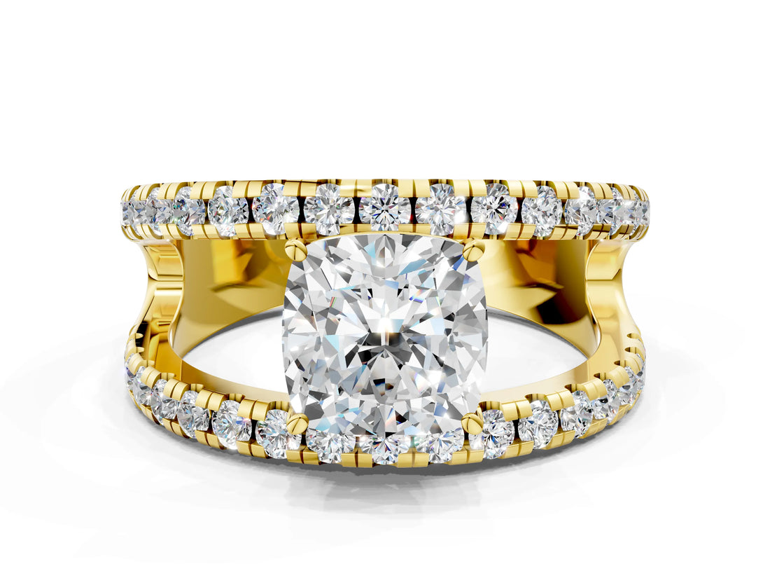 Yellow gold Cushion Solitaire Split Shank Pave Diamond Ring_49