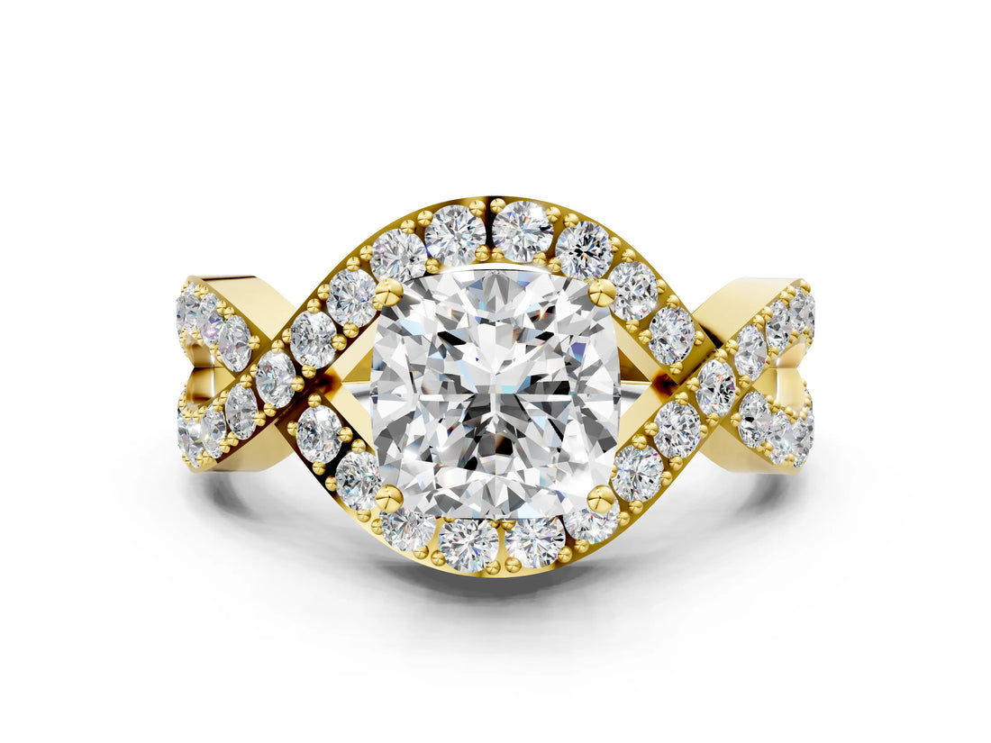 Yellow gold Cushion Solitaire Twist Band Pavé Diamond Engagement Ring_51