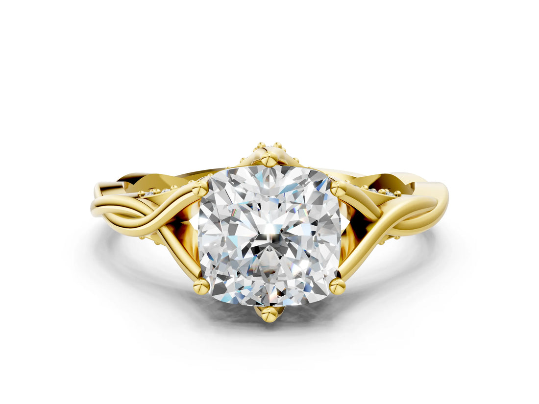 Yellow gold Cushion Solitaire Twist Band Six-Prong Setting
