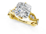 Yellow gold Cushion Solitaire Twist Band with Leaf Prong Setting 1
