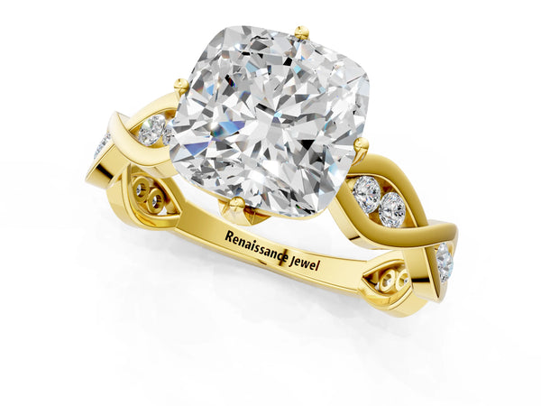 Yellow Gold Cushion Cut Twisted Engagement Ring Setting with Accented Crossover Band