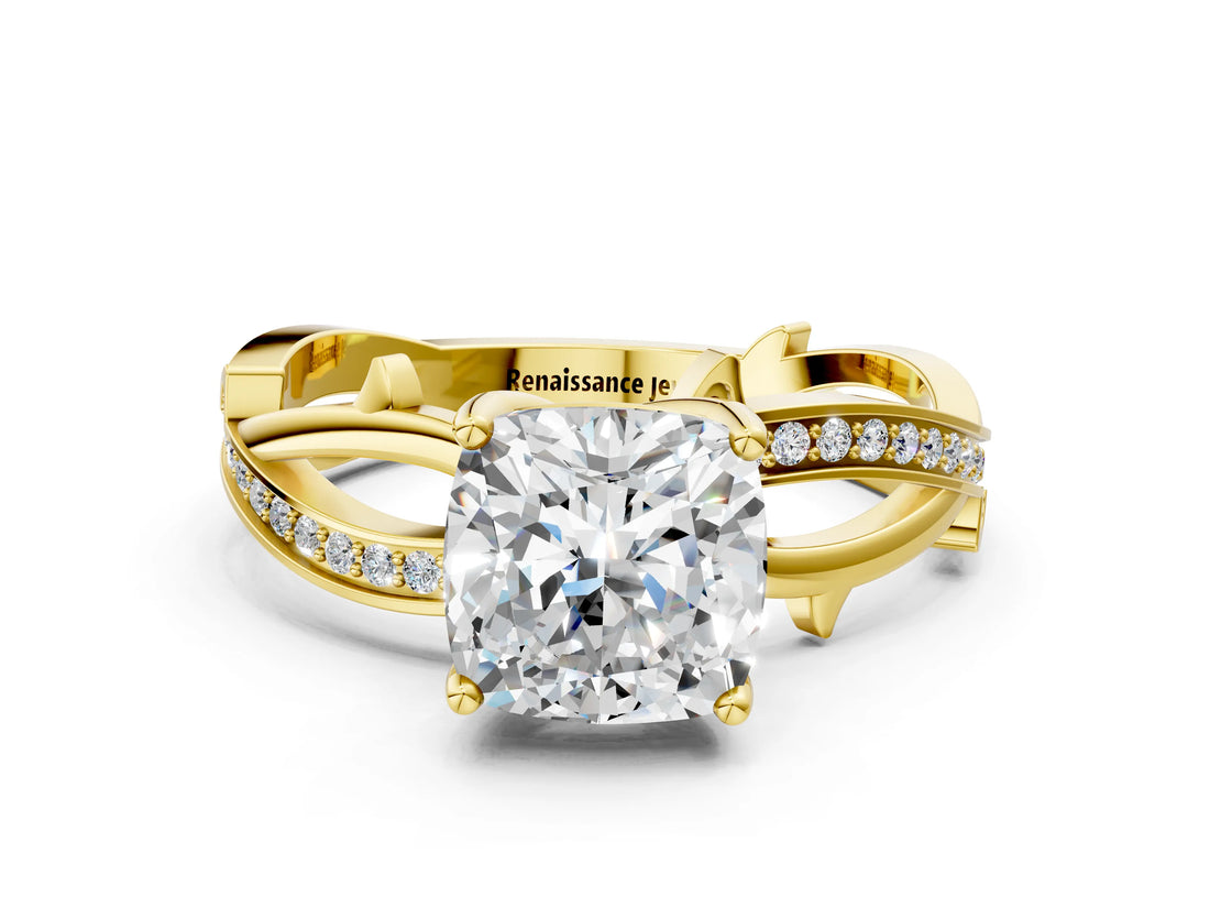 Yellow gold Cushion Solitaire Twist Band with Pavé Accents and Four-Prong Setting_22