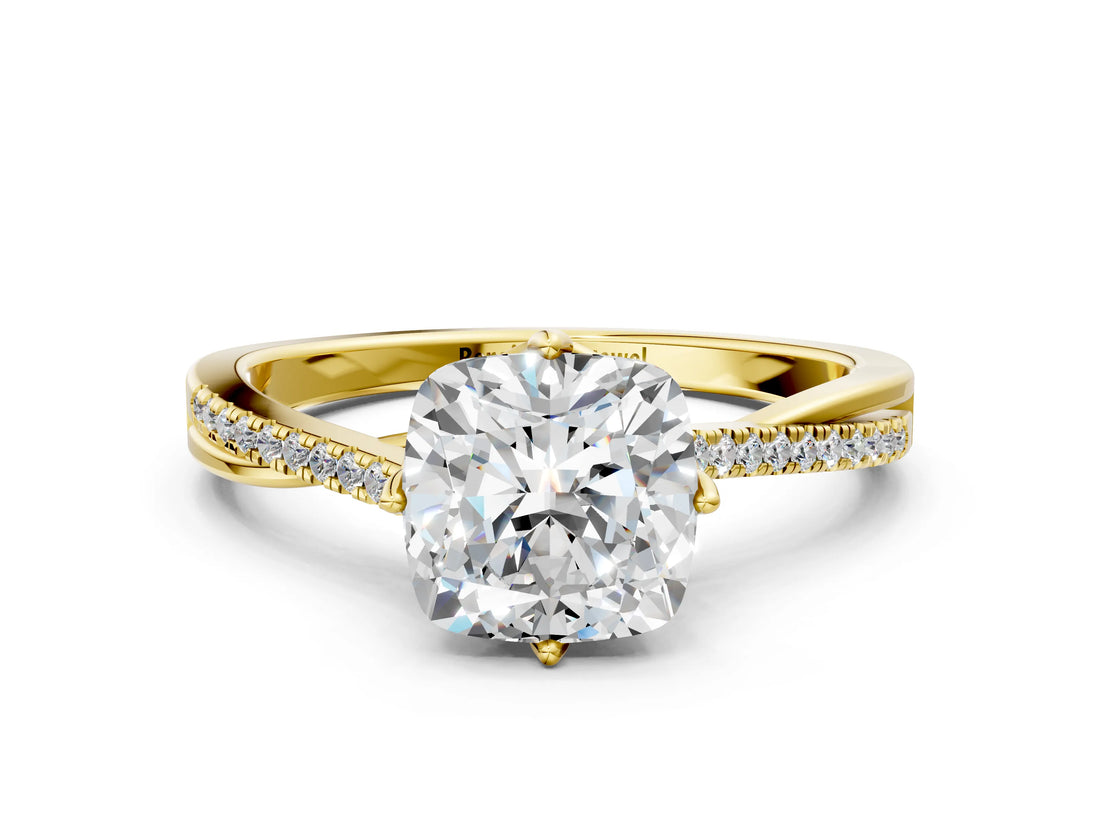 Yellow gold Cushion Solitaire Twist Band with Pavé Diamonds and Four-Prong Setting_77
