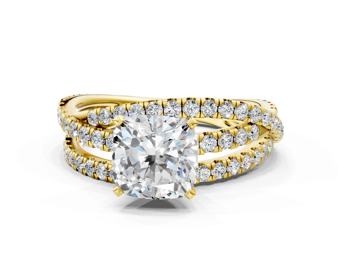 Yellow gold Cushion Solitaire Twist Band with Pavé Setting and Four-Prong Setting_114