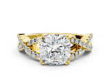 Yellow gold Cushion Solitaire Twist Band with Pavé Setting and Four-Prong Setting_17