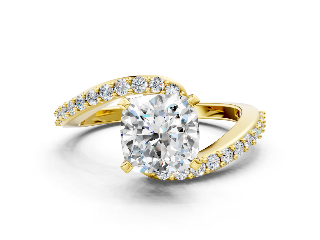 Yellow gold Cushion Solitaire Twist Band with Pave Set Diamonds and Four-Prong Setting_130