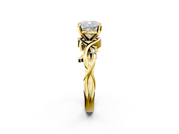 Yellow gold Cushion Cut Diamond Solitaire Ring with Twisted Band and Prong Setting