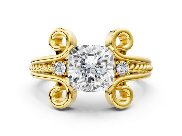 Yellow gold Cushion Solitaire Twisted Band Scroll Prong Ring