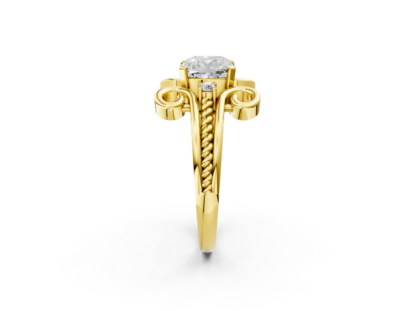 Yellow gold Cushion Solitaire Twisted Band Scroll Prong Ring