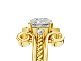 Yellow gold Cushion Solitaire Twisted Band Scroll Prong Ring_8