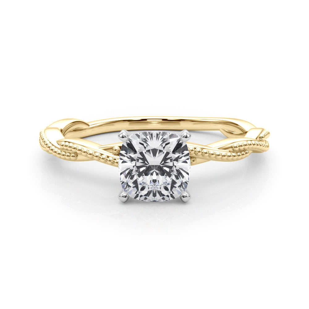 Yellow gold Cushion Solitaire Twisted Band with Bead Prong Setting 1
