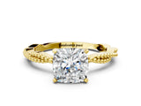 Yellow gold Cushion Solitaire Twisted Band with Bead Prong Setting_325