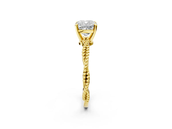 Yellow Gold Cushion Cut Solitaire Engagement Ring Setting with Beaded Twist Band and Basket Head