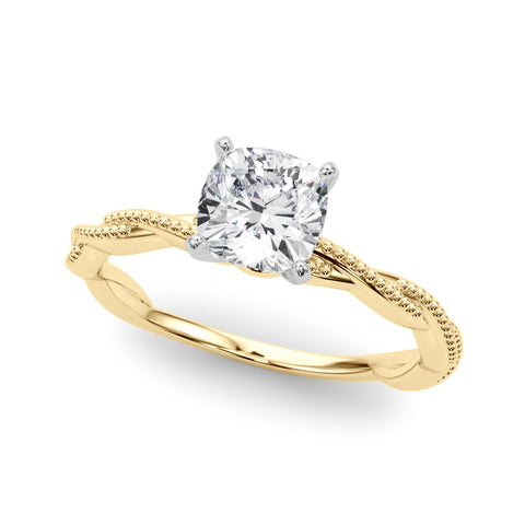 Yellow gold Cushion Solitaire Twisted Band with Bead Prong Setting