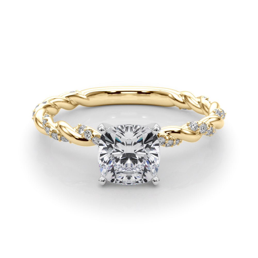 Yellow gold Cushion Solitaire Twisted Band with Pavé Accents and Four-Prong Setting 1