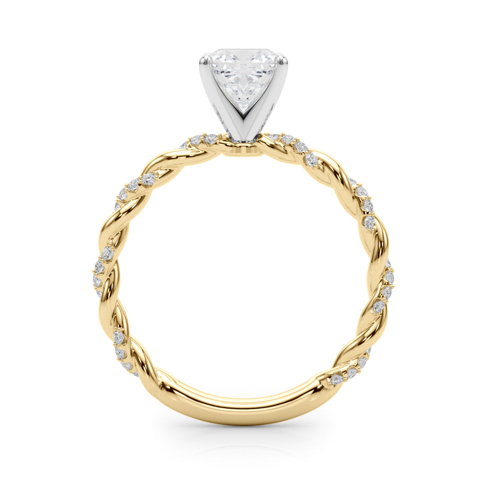 Yellow gold Cushion Solitaire Twisted Band with Pavé Accents and Four-Prong Setting 2