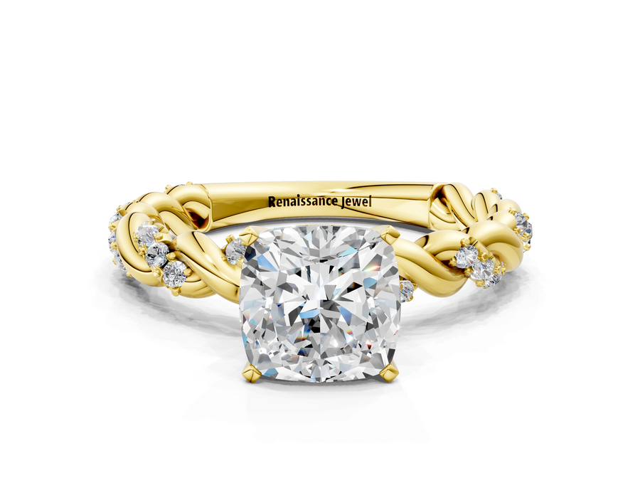 Yellow gold Cushion Cut Diamond Solitaire Ring with Twisted Band and Pavé Accents
