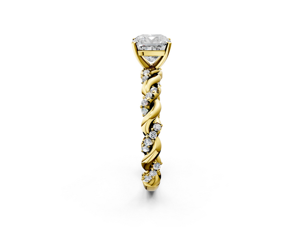Yellow gold Cushion Cut Diamond Solitaire Ring with Twisted Band and Pavé Accents
