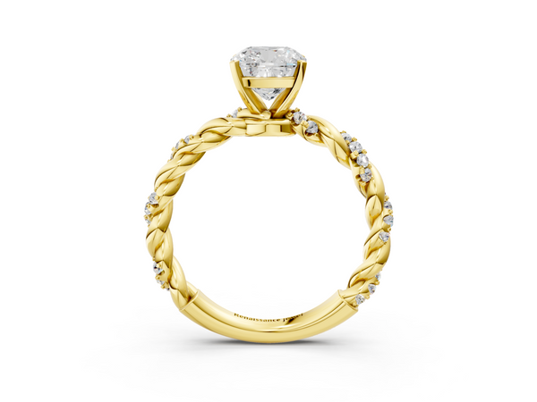 Yellow gold Cushion Cut Diamond Solitaire Ring with Twisted Band and Pavé Accents