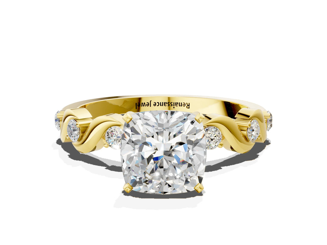 Yellow gold Cushion Solitaire Twisted Band with Prong Setting