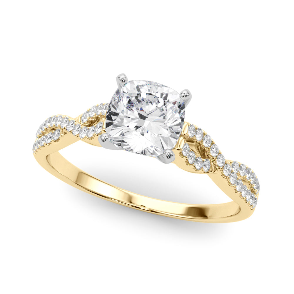 Yellow gold Cushion Solitaire Twisted Pave Diamond Engagement Ring with Four-Prong Setting