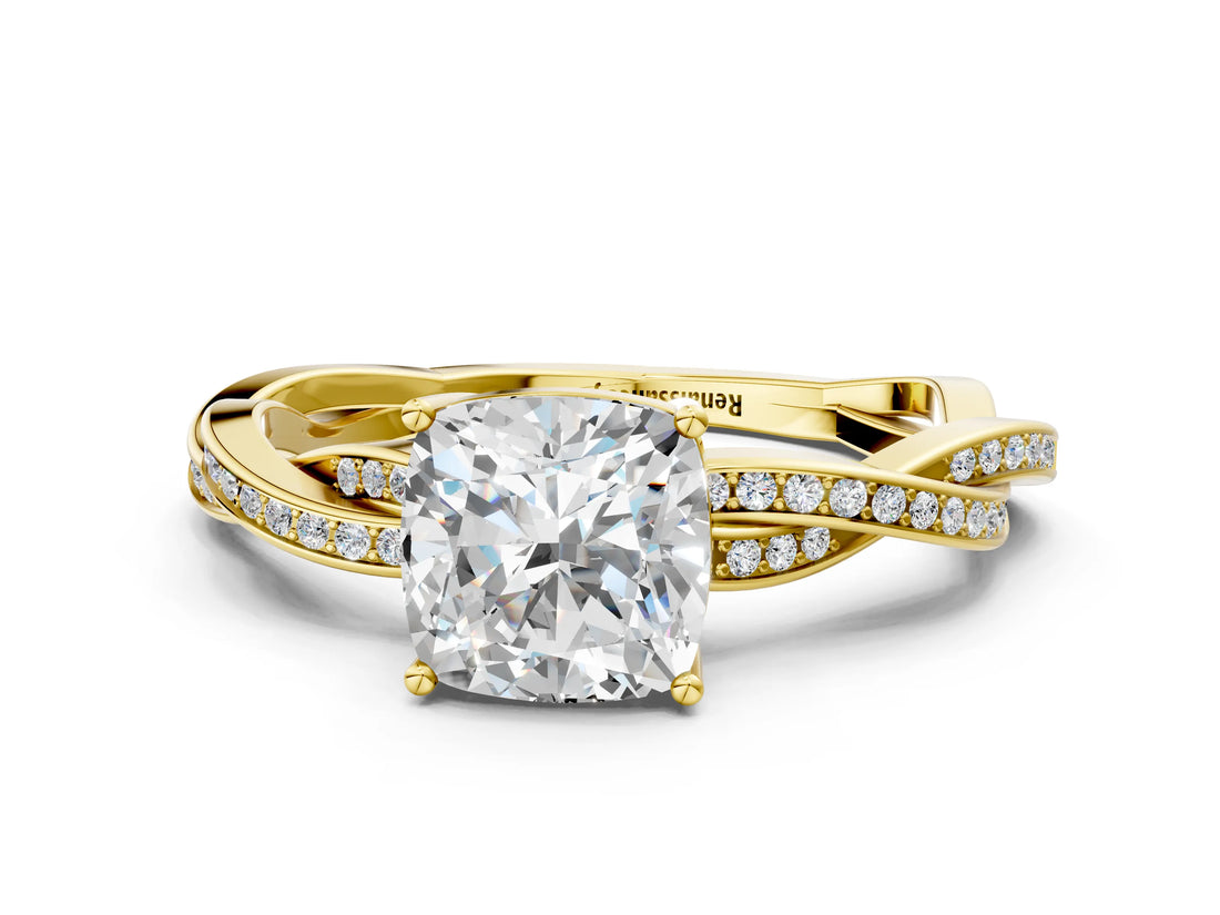 Yellow gold Cushion Solitaire Twisted Pave Diamond Ring with Four-Prong Setting_100