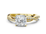 Yellow gold Cushion Solitaire Twisted Pave Diamond Ring with Four-Prong Setting_100