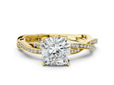 Yellow gold Cushion Solitaire Twisted Pave Diamond Ring with Four-Prong Setting_24