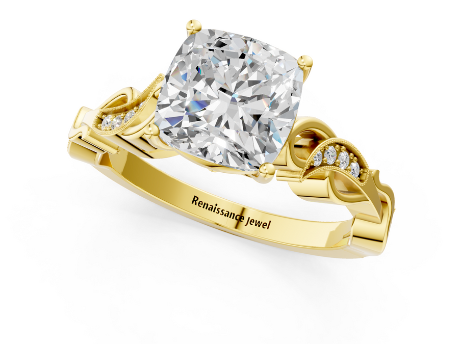 Yellow gold Cushion Solitaire Vine Band with Milgrain Prong Setting