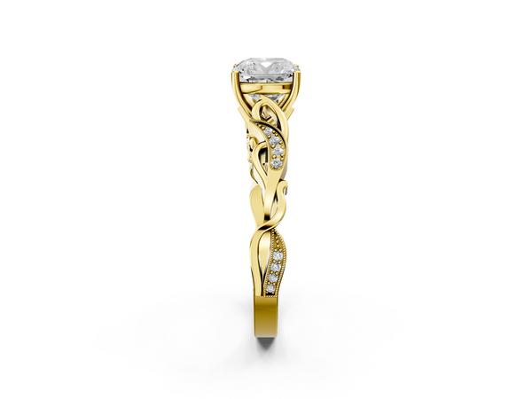 Yellow gold Cushion Solitaire Vine Band with Milgrain Prong Setting