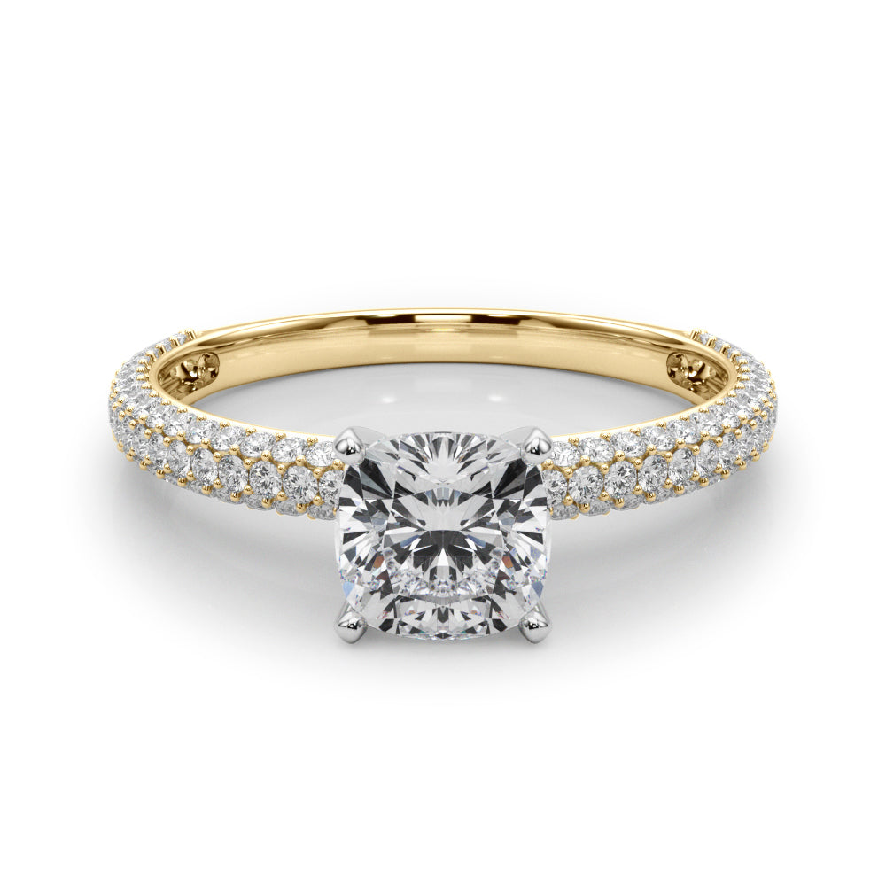 Yellow gold Cushion Solitaire with Pave Band and Four-Prong Setting 1