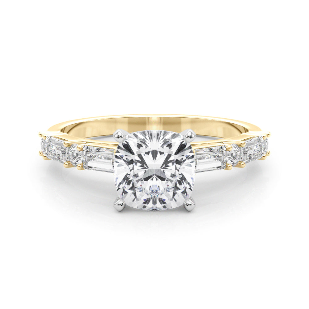 Yellow gold Cushion Solitaire with Side Baguettes and Channel Set Band 1