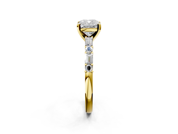 Yellow gold Cushion Cut Diamond Solitaire with Side Baguettes and Channel Set Band