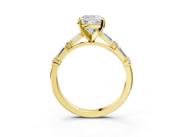 Yellow gold Cushion Cut Diamond Solitaire with Side Baguettes and Channel Set Band