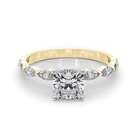 Yellow gold Cushion Solitaire with Side Stones on a Pavé Band and Four-Prong Setting 1
