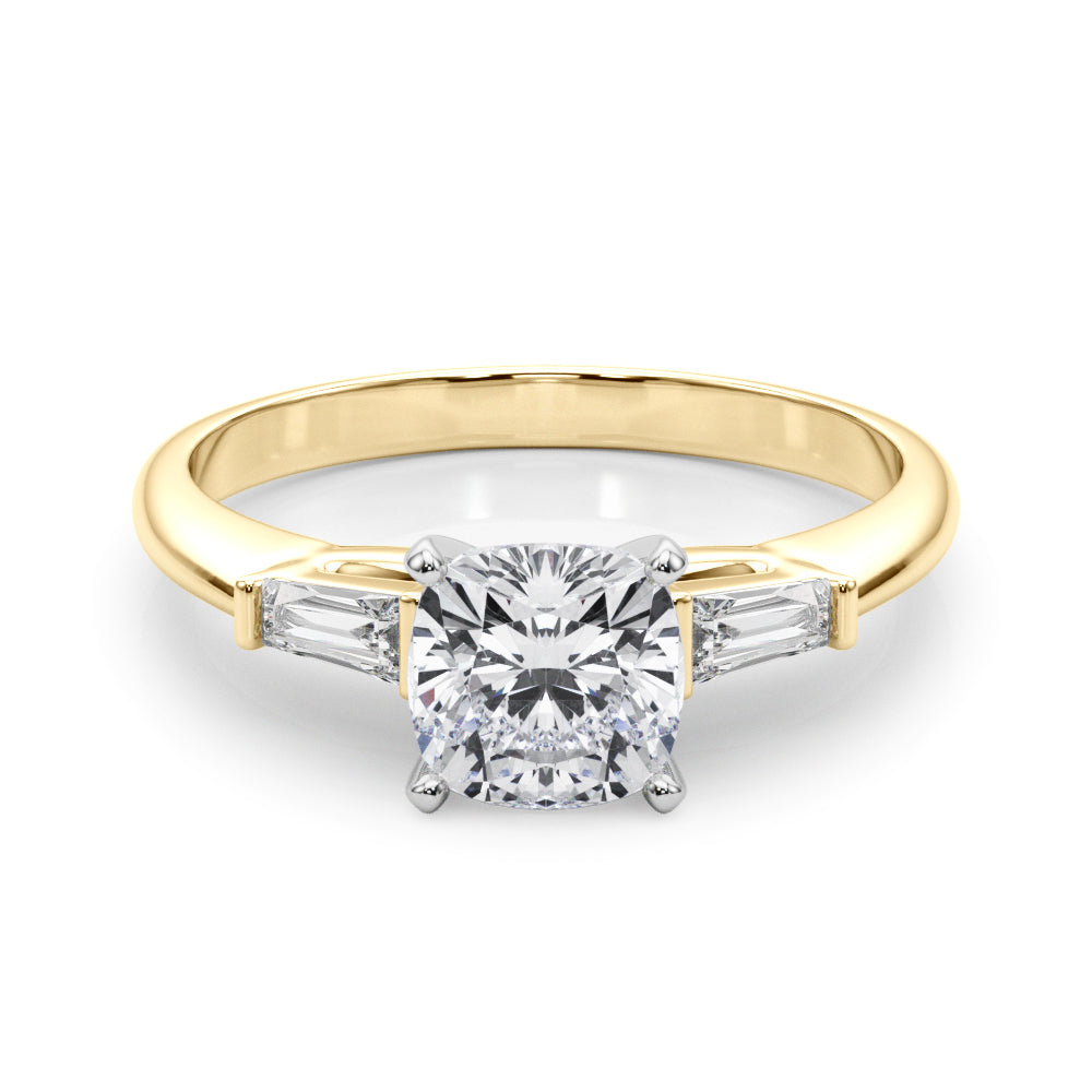 Yellow gold Cushion Solitaire with Tapered Baguette Side Stones on a Classic Band with Four-Prong Setting 1