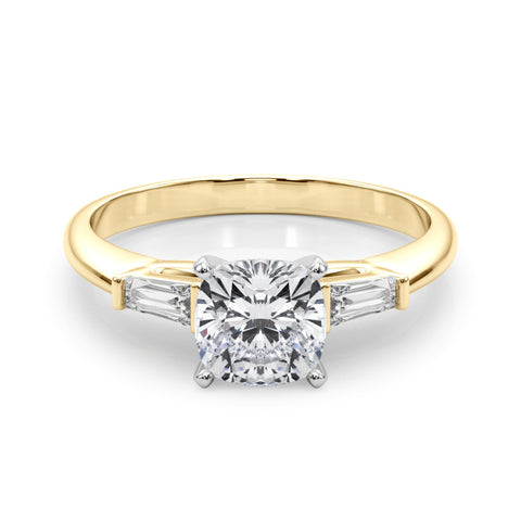 Yellow gold Cushion Solitaire with Tapered Baguette Side Stones on a Classic Band with Four-Prong Setting 1