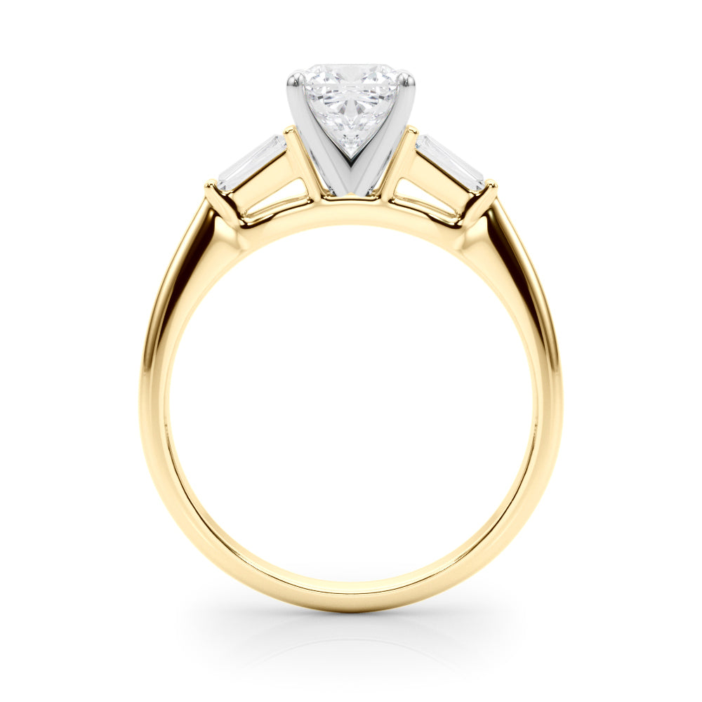 Yellow gold Cushion Solitaire with Tapered Baguette Side Stones on a Classic Band with Four-Prong Setting 2