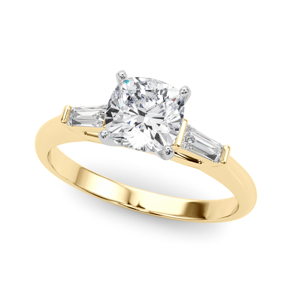 Yellow gold Cushion Solitaire with Tapered Baguette Side Stones on a Classic Band with Four-Prong Setting