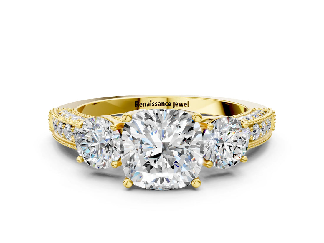 Yellow gold Cushion Three-Stone Diamond Ring with Pavé Band and Four-Prong Setting_6