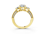 Yellow gold Cushion Three-Stone Diamond Ring with Pavé Band and Four-Prong Setting_9