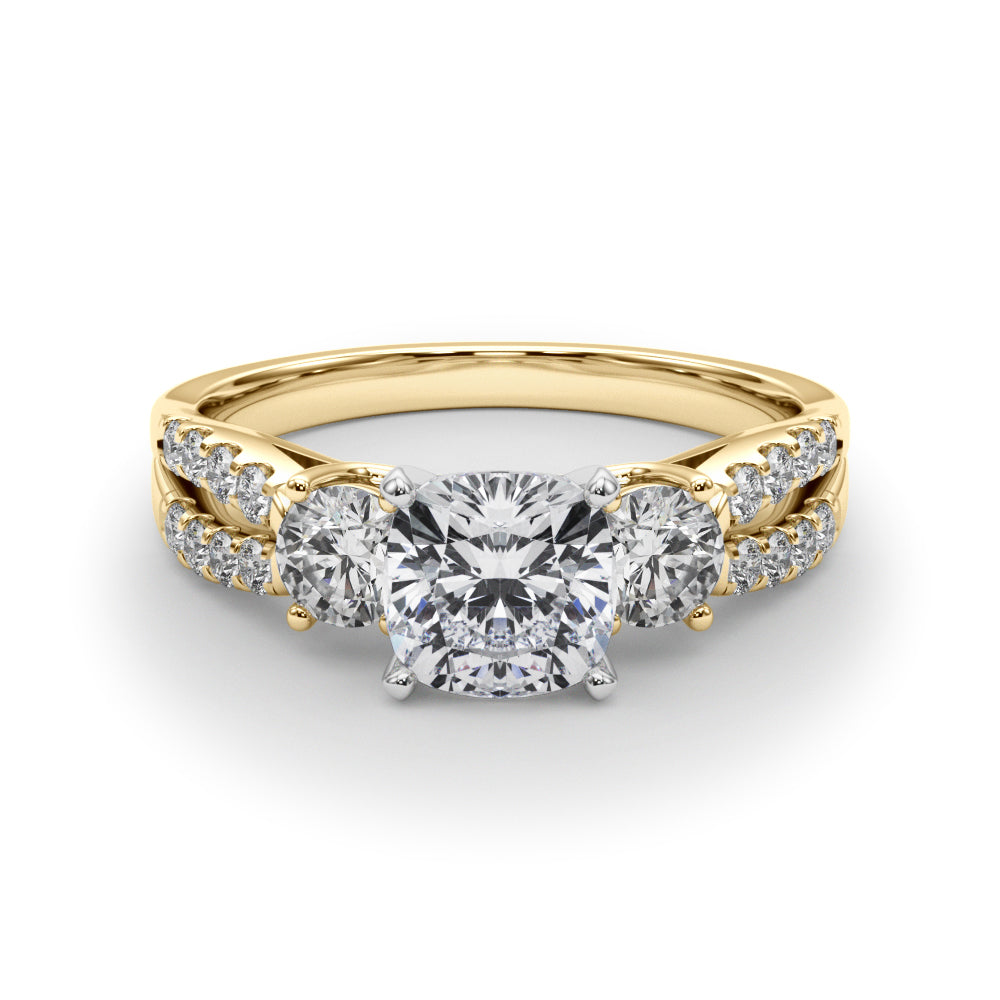 Yellow gold Cushion Three-Stone Diamond Ring with Pavé Split Shank and Four-Prong Setting 1