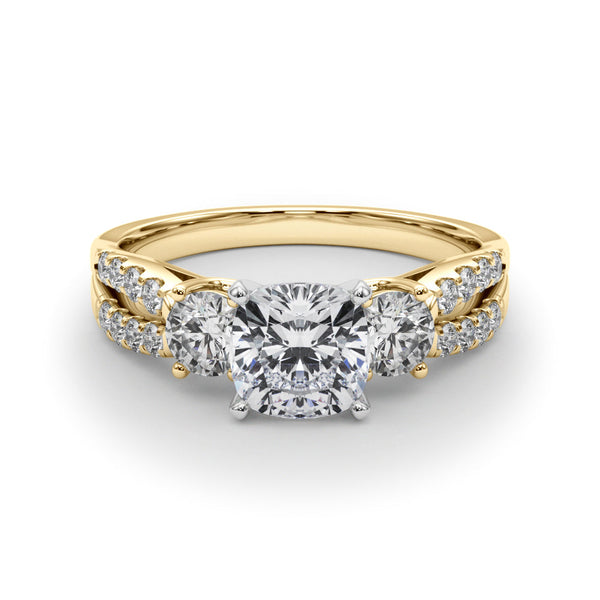 14K Yellow Gold 1.02 Carat E VVS2 Cushion Three-Stone Diamond Ring with Pavé Split Shank and Four-Prong Setting