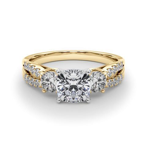 Yellow gold Cushion Three-Stone Diamond Ring with Pavé Split Shank and Four-Prong Setting 1