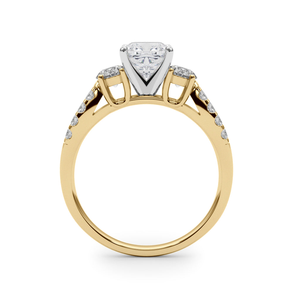 Yellow gold Cushion Three-Stone Diamond Ring with Pavé Split Shank and Four-Prong Setting 2