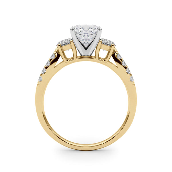 14K Yellow Gold 1.02 Carat E VVS2 Cushion Three-Stone Diamond Ring with Pavé Split Shank and Four-Prong Setting