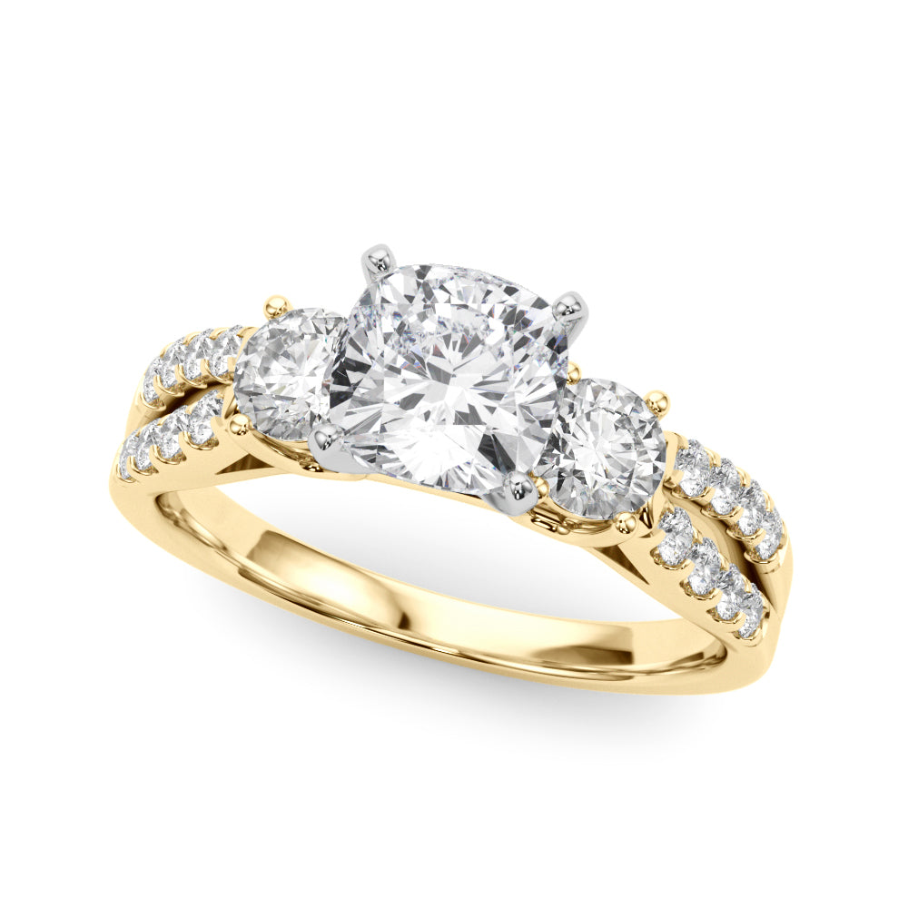 Yellow gold Cushion Three-Stone Diamond Ring with Pavé Split Shank and Four-Prong Setting