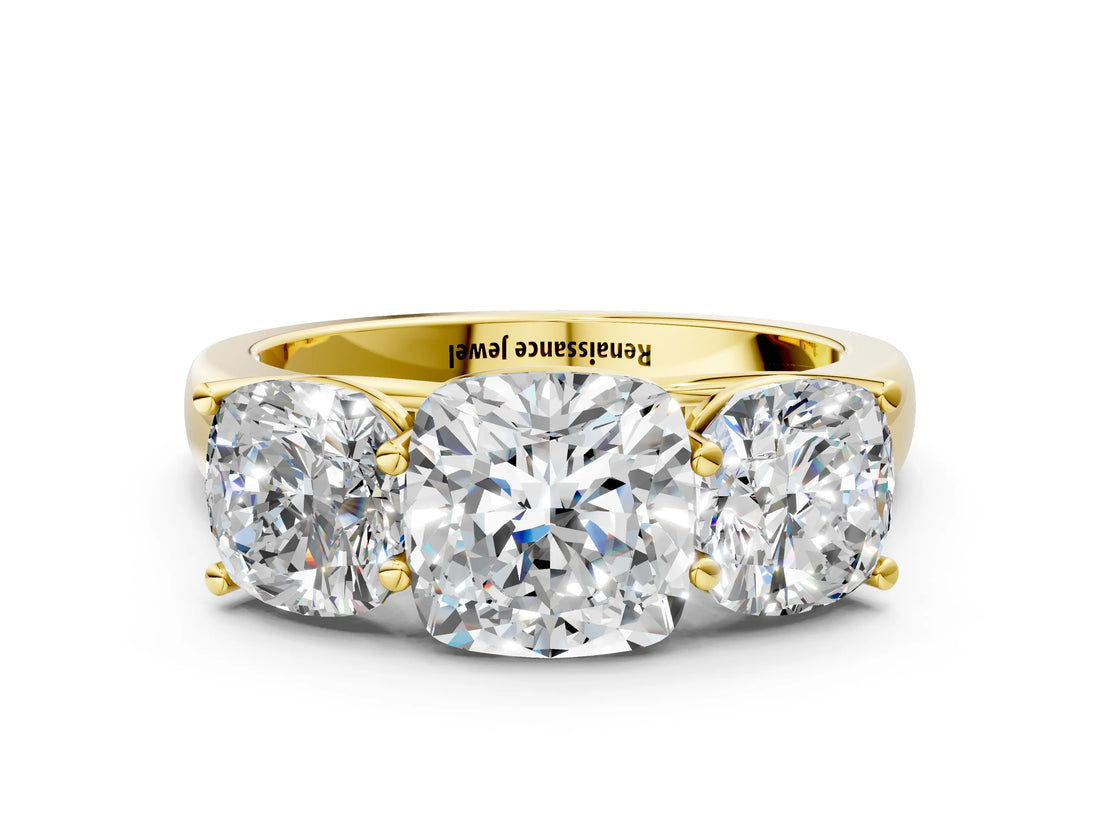 Yellow gold Cushion Three-Stone Diamond Ring with Prong Setting on a Classic Band_15