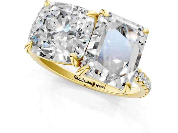 Yellow gold Cushion and Emerald Toi Moi Ring with Prong Setting and Micro Pave Band